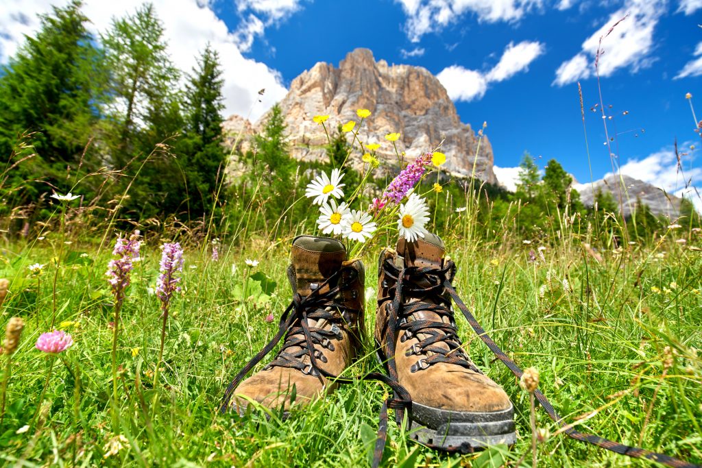 Pause bei der Bergwanderung Wanderstiefel mit Blumen DolceVita Hotel Feldhof Blog