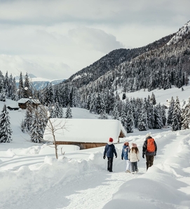 Quattro persone camminano in un paesaggio montano innevato con baite e abeti in inverno.