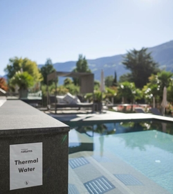 Una piscina con cartello “Thermal Water” e vista sulle montagne nell’area esterna.