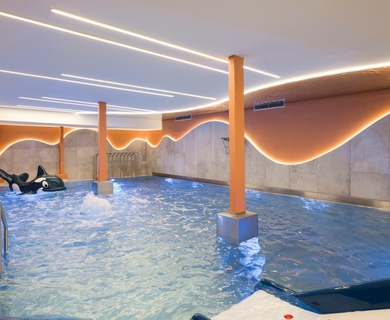 Innenpool im Feldhof DolceVita Resort Ein Innenpool mit sprudelndem Wasser, Holzsäulen und einer Orca-Figur im Feldhof DolceVita Resort.