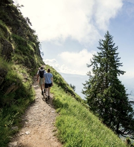 Zwei Wanderer gehen auf einem schmalen Bergpfad am sonnigen Hang entlang.