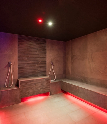 Dampfbad im Wellnessbereich des Feldhof Ein modernes Dampfbad mit roten Lichtakzenten und Sitzbänken in einem Wellnessbereich.