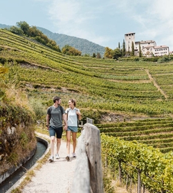A couple walks along a path through terraced vineyards with a castle in the background.