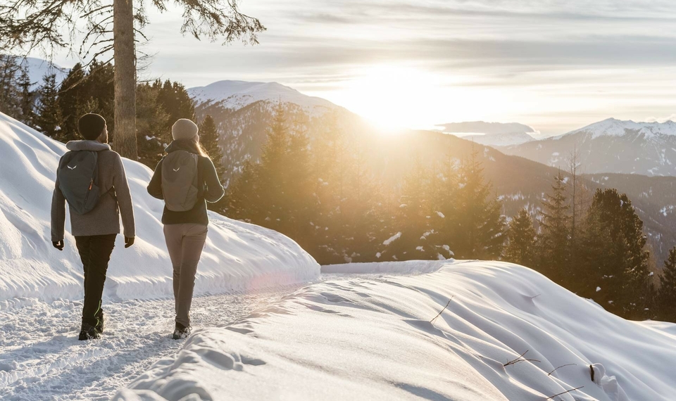 Winterwandern im Meraner Land Zwei Personen wandern auf einem verschneiten Weg mit Blick auf die Berge im Winterlicht.