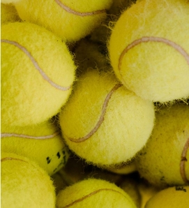 Several yellow tennis balls are packed closely together in the frame.