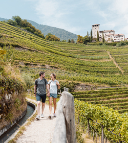Ein Paar spaziert auf einem Weg durch terrassierte Weinberge mit einem historischen Gebäude am Hang.