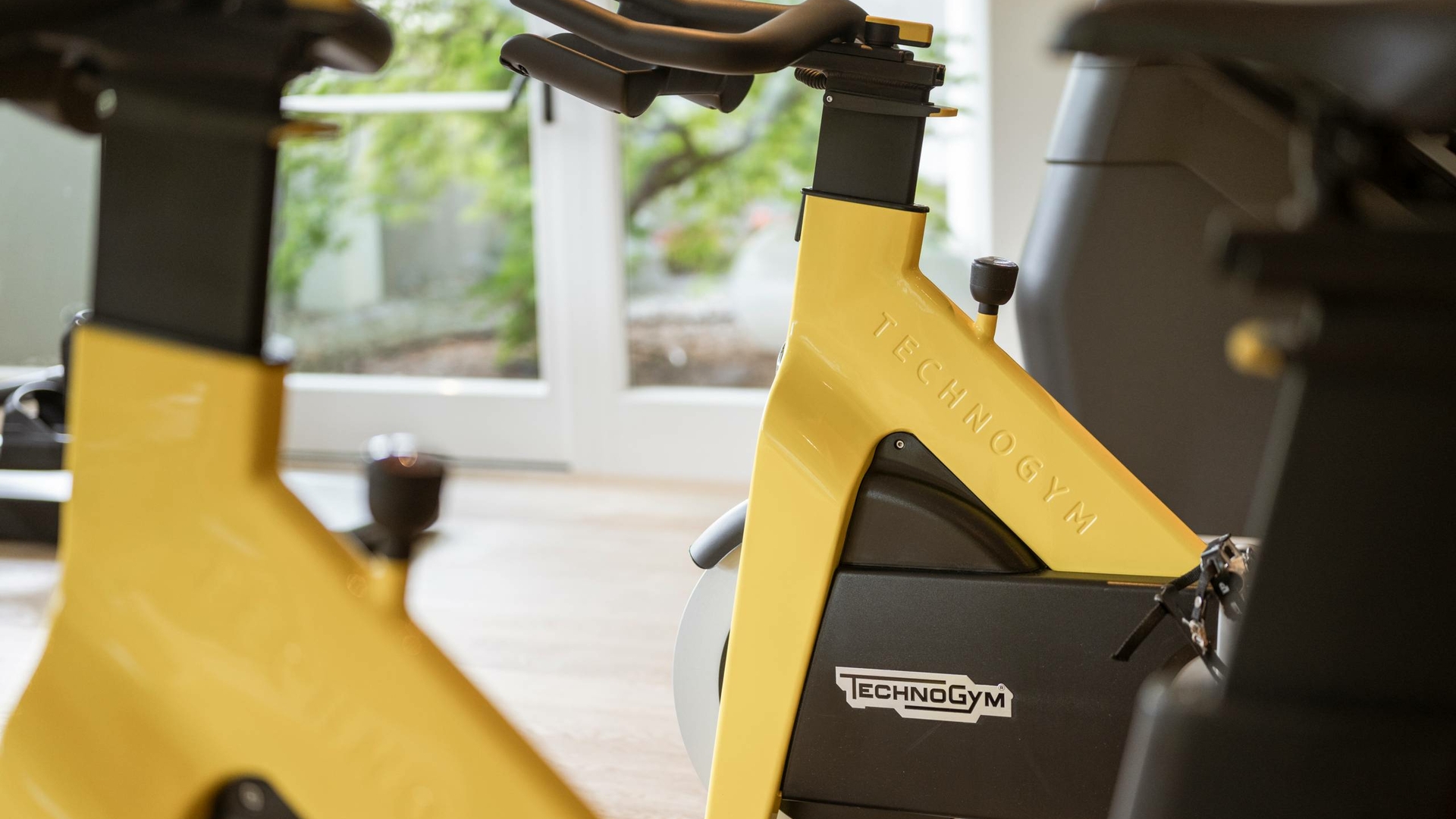 Mehrere gelbe Technogym-Trainingsgeräte stehen in einem hellen Fitnessraum mit Blick ins Grüne.