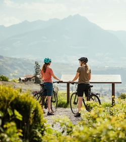 Two cyclists stand with their mountain bikes at a viewpoint overlooking the mountains.