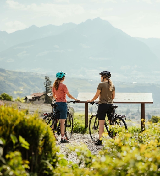Two cyclists stand with their mountain bikes at a viewpoint overlooking the mountains.