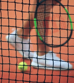A tennis ball and racket are visible behind the net on a red court.
