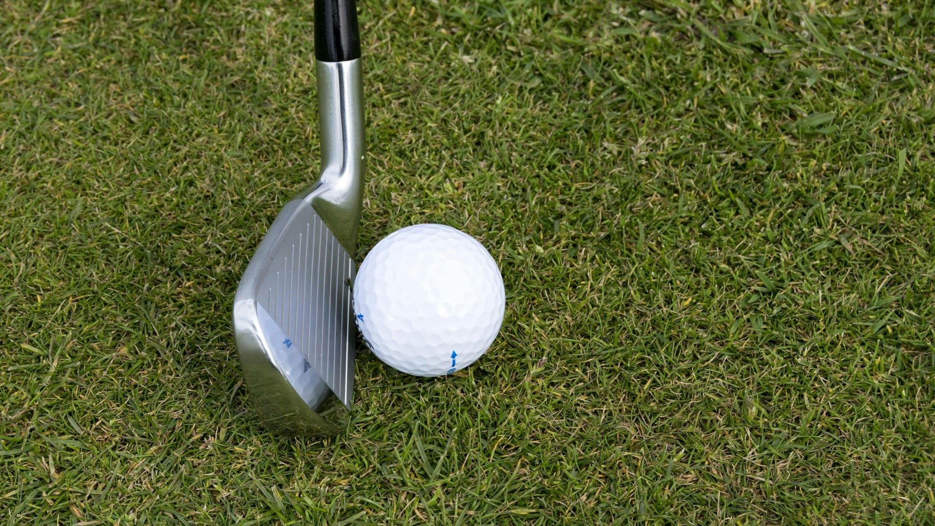 A golf ball lies next to an iron club on the grass.