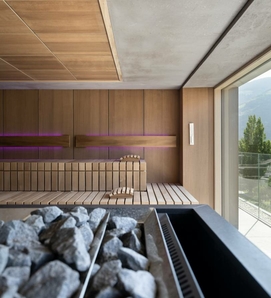 A modern sauna with wooden benches, purple lighting and a view outside through the glass front.