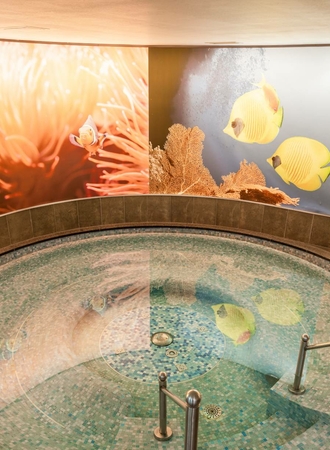 Ein runder Whirlpool mit Mosaikboden vor einer Wand mit bunten Unterwasserfischen.